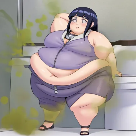 Masterpiece, 4k, highres, high Quality, detailed face, detailed body render, detalhed eyes, obese 1girl, solo, obese hyuuga hinata, hinata-sleeveless-outfit, large breasts, neko ears in head, big breast, sleeveless shirt, fishnet top, unzipped jacket, no b...