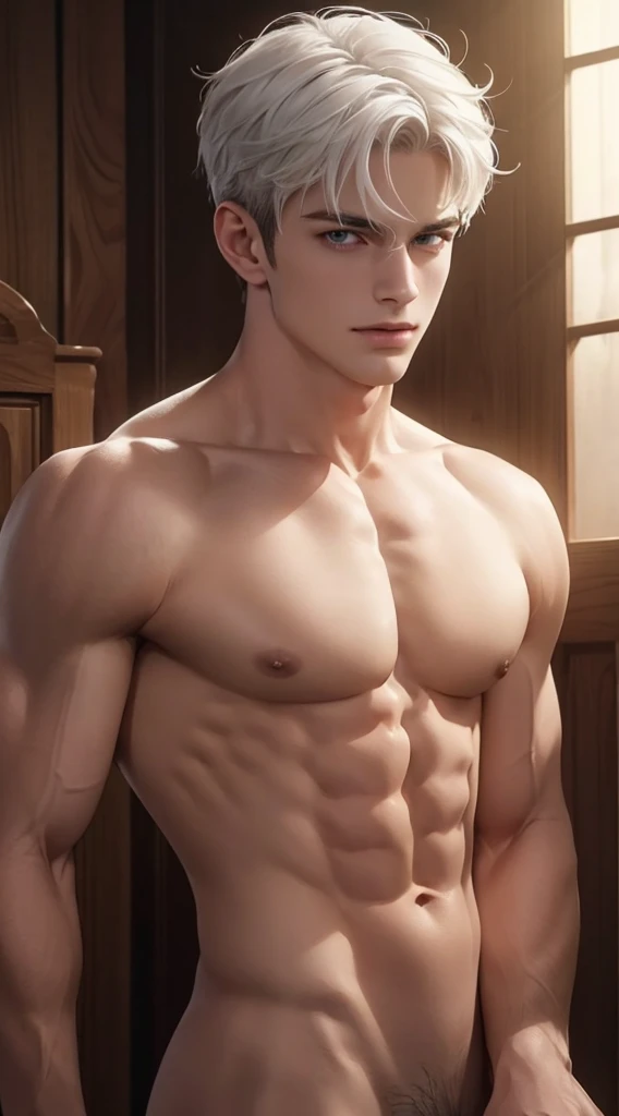 Full body photorealistic 4k, high resolution, best quality, masterpiece, perfect color, perfect shade, perfect lighting, Posted by e621, ((portrait)), ((handsome man)), perfect male figure, Short hair details，chest muscles，abdominal muscles，Naked torso，nud...