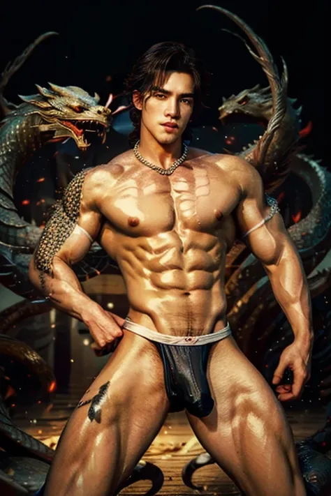 Chinese God, legend, China&#39;s Odyssey, handsome, blink, topless, muscle, Athletes body, full frame, sexy, professional lighting, Hanfu costume, ancient chinese dress,to break out,Split your legs,chinese heaven background, Bulge under panties, Hanfu warr...