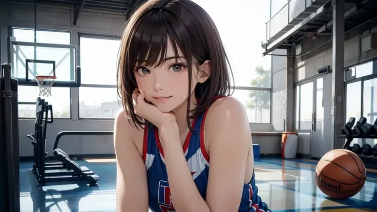 gym、basketball court、stadium、 masterpiece, highest quality, cinematic light, 8K resolution, sharp focus: 1.2, 25 year old woman, sexy woman, Basketball uniform,   whole body、 smile