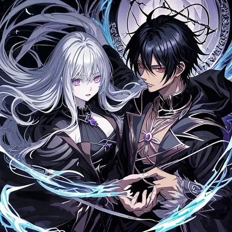 Create a manga cover about dark magic themed anime. The protagonist is a Black-haired guy with a demon power. Alongside him is a pretty silver-haired goddess mage. 