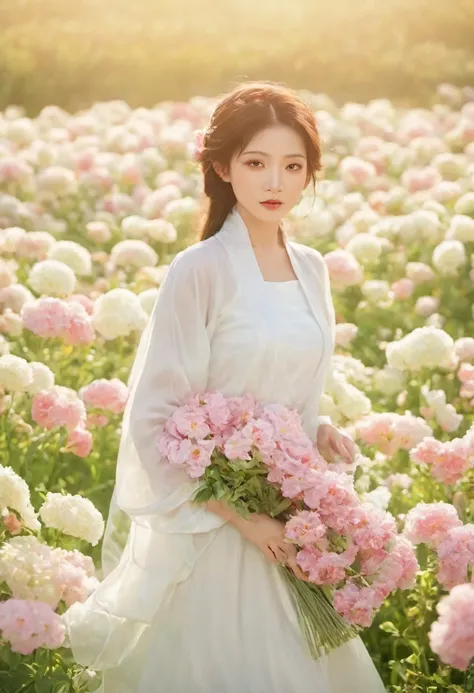 a beautiful girl in white aodai , masterpiece, best quality, realistic:1.3,in a field of flowers, holding bundle of flowers, sunlight, backlighting, emotional depth, flowers, flower fields, bloom, ultra detailed, film grain,hazy light and shadow, aesthetic...