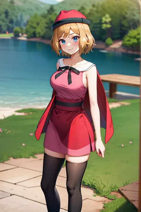 masterpiece, best quality, highres, serena (pokemon), short hair, blue eyes, 1girl, solo, blue ribbon, eyelashes, black thighs, neck ribbon, sleeveless, bangs, collarbone, bare arms, pink dress, red coat, pink hat, outdoor, standing by a lake, blushing, sm...