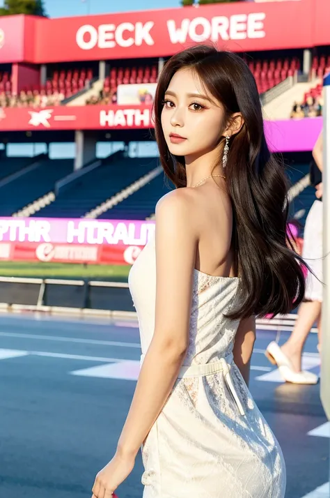 Tzuyu 1, woman, (realistic), (hyper realism), (photorealistic), Depth of the bounds written, eye make up:0.9, (whole body:1.2), (tight waist), looking at the viewer,at the racing track, lace queen, Sexy dress with open shoulders and chest