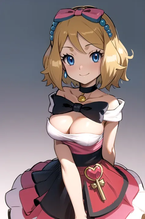 masterpiece, best quality, 1girl,serena (pokemon), short hair, blonde hair, blue eyes, eyelashes, black choker, hair bow, dress, collarbone, large breasts, upper body, smile, looking at viewer, solo, simple background 