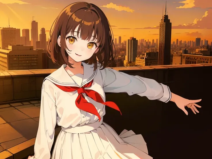 (((long shot, shoot from front, smile, one girl, white student clothes, short bob, brown hair, golden eyes, 14 years old, short height, city girl))), ((On the way home from school))、((uniform))、(masterpiece), (high resolution), (highest quality), (super de...