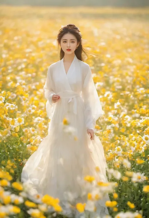 a beautiful girl in white aodai , masterpiece, best quality, realistic:1.3,in a field of flowers, holding bundle of flowers, sun...