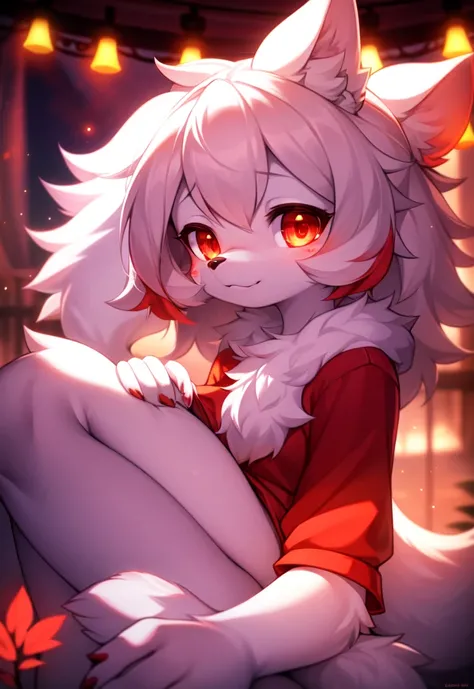 furry, white fur, ultra cute face, red elements on fur, glowing t-shrt, beautiful lights and shadows, ambient light, ultra detailed fur, volumetric light