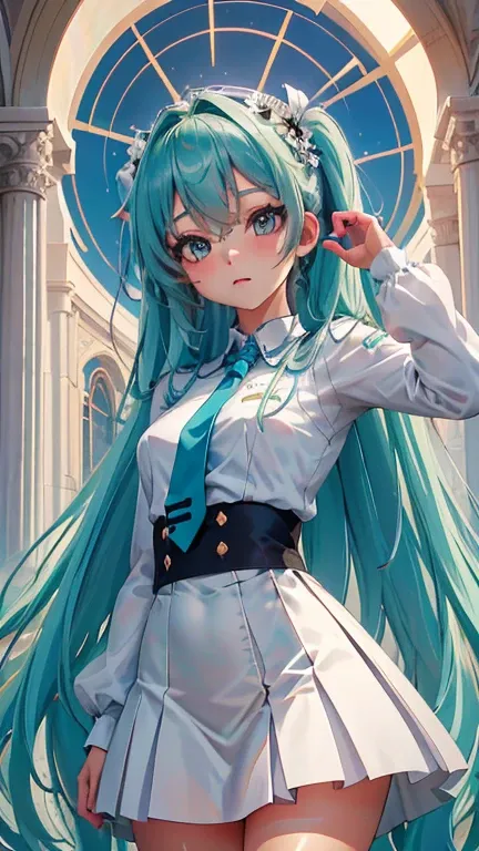 (Seios grandes Hatsune Miku，electronic singer，cabelo verde，Ombros nus，uma saia preta，mangas pretas，(Blusa de cor branca)，Roupas brancas，8k，A high resolution，olhos verdes，fundo do concerto，No local do concerto，em concerto，Only beautiful thighs are exposed，t...