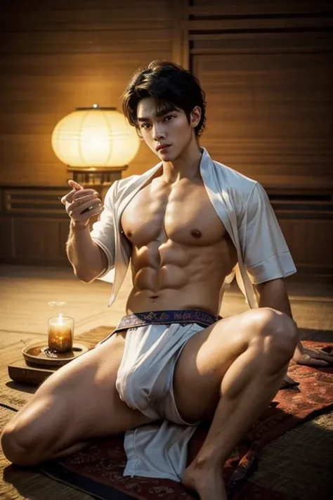 Chinese God, legend, China&#39;s Odyssey, handsome, blink, topless, muscle, Athletes body, full frame, sexy, professional lighting, Hanfu costume, ancient chinese dress,to break out,Split your legs,chinese heaven background, Bulge under panties, Hanfu warr...