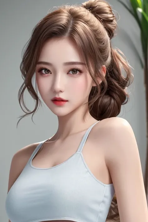 ((Best quality, 8k, Masterpiece :1.3)), 1girl, Pretty woman with emphasizing slender abs :1.3, (random hairstyles :1.2), Oversized tank top :1.2, Ultra-detailed face, Detailed eyes, Double eyelid, armpit