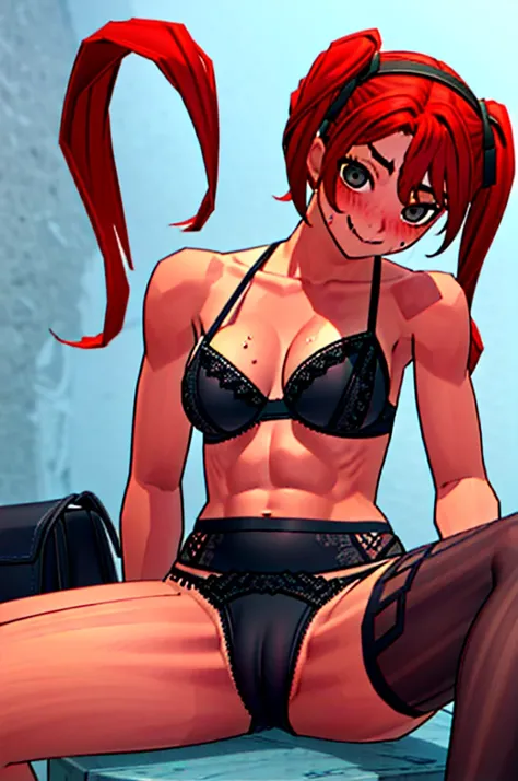 Twintail, red haired, 1girl, grey eyes, tall, well toned, well built, muscled, toned muscles, red highlights, pigtails, beach, bikini, black bikini, pov, sit, looks at the viewer, spread legs, blushing, sweating, (rubbing vaginal region with hand:1.2), sto...