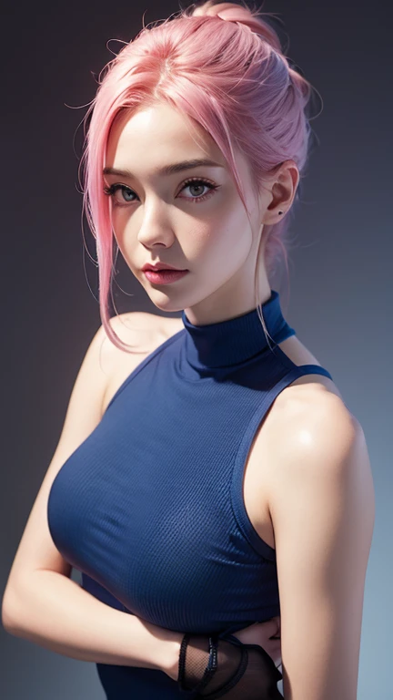 a young woman with pink hair wearing a blue tight rubber tank-top, girl portrait,  realistic art style, 8k high quality detailed art, anime colored, attractive body, long body shot ,upper body, pink gradient background