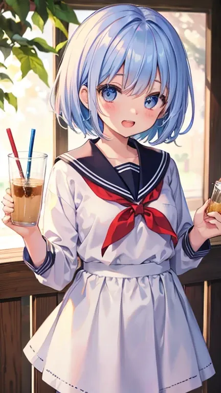 milk tea colored hair。fluffy hair。short hair。A fallen leaf sticks to your hair。Gauze on cheek。high school student。sailor suit。lively atmosphere。high resolution。High quality。School。smile。smiling with open mouth。