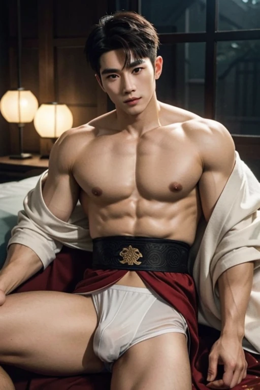 Chinese God, legend, China&#39;s Odyssey, handsome, blink, topless, muscle, Athletes body, full frame, sexy, professional lighting, Hanfu costume, ancient chinese dress,to break out,Split your legs,chinese heaven background, Bulge under panties, Hanfu warr...