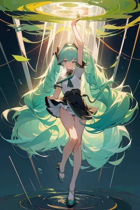 (Seios grandes Hatsune Miku，electronic singer，cabelo verde，Ombros nus，uma saia preta，mangas pretas，(Blusa de cor branca)，Roupas brancas，8k，A high resolution，olhos verdes，fundo do concerto，No local do concerto，em concerto，Only beautiful thighs are exposed，t...