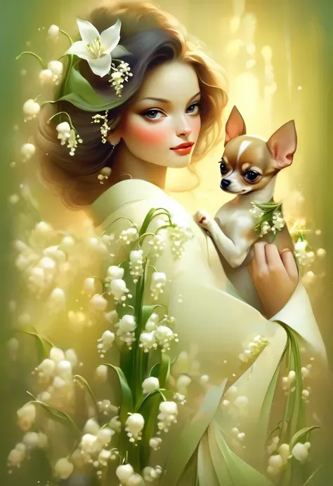 A beautiful woman in a kimono with white lily of the valley flowers stands like a beautiful model、holding a small chihuahua in his arms,,whole body,Butterflies dance,white lily of the valley background, background number 28,beautiful digital illustrations,...