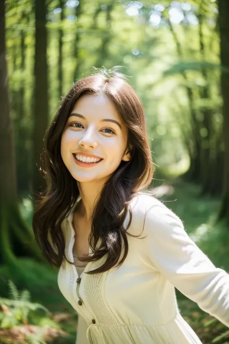 Generate an image of a serene woman in her twenties, with a peaceful forest scene in the background. Her hair is soft, her skin healthy and radiant, and she wears a gentle smile, showing her teeth. Her bright eyes are illuminated by natural light. Create a...