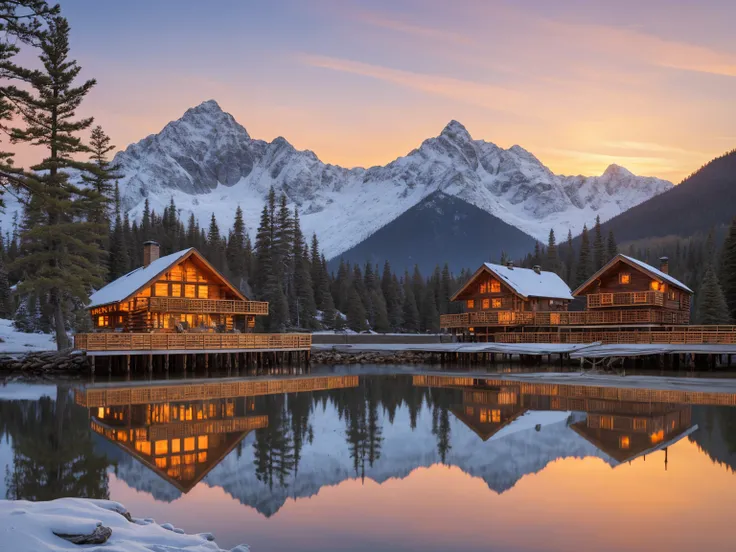 landscape, crystal clear lake, snow-capped mountains in the background, a wooden cabin on the coast with a fireplace and a porch with benches and a hammock, a shabby wooden pier, the sun setting on the mountain, golden sunset, photography, DSLR , wide angl...