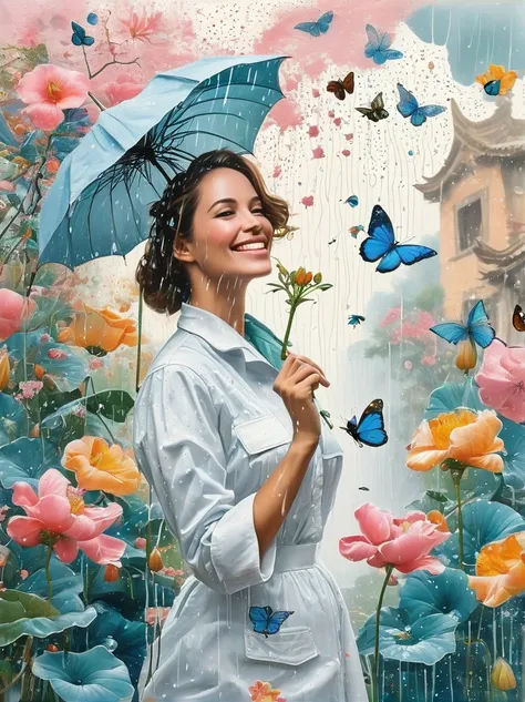 (painting:1.5), (National Science Foundation:1.2), A woman spins happily in the rain, 1 girl,flowery, Lycianthes ,Available in light pink and light blue styles..., Dreamy and romantic composition..., Flowers dropped on her face, Collage-based style, made f...