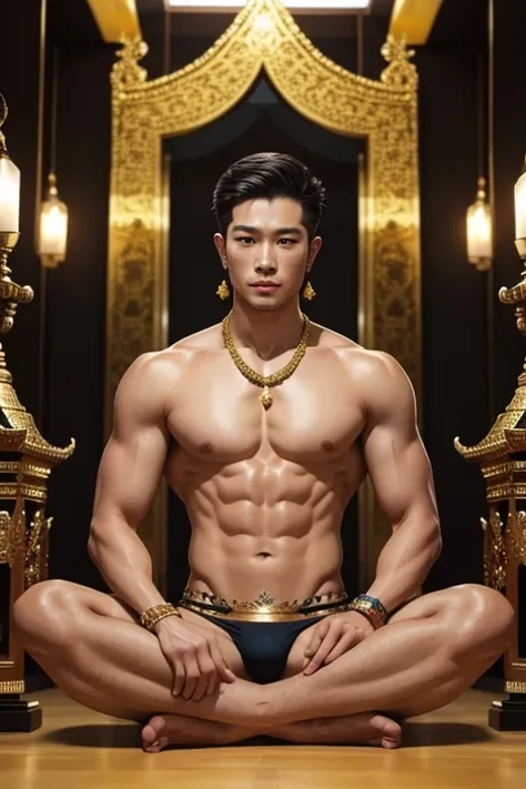 God, Thai style, man, shirtless., meditate, handsome, The body is in proportion., Gold jewelry has no bottom.,No underwear