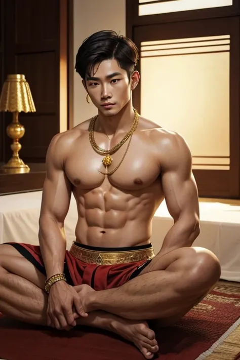 God, Thai style, man, shirtless., meditate, handsome, The body is in proportion., Gold jewelry has no bottom.,No underwear