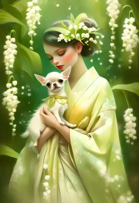 A beautiful woman in a kimono with white lily of the valley flowers stands like a beautiful model、holding a small chihuahua in his arms,,whole body,Butterflies dance,white lily of the valley background, background number 28,beautiful digital illustrations,...