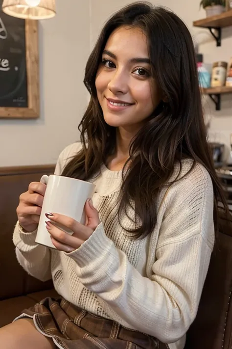 Create a portrait of a 23-year-old Latina woman, with long, curly, black hair parted to one side, and brown eyes, radiating a warm smile. She is depicted in a cozy café, dressed in casual attire, sipping on a cup of coffee, and perhaps reading a book or wo...