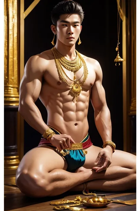 God, Thai style, man, shirtless., meditate, handsome, The body is in proportion., Gold jewelry has no bottom.,No underwear