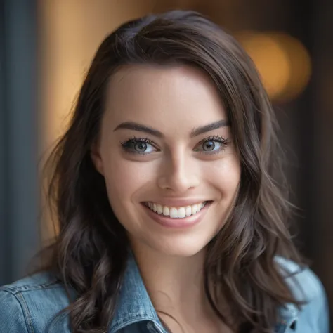 High resolution portrait photo of stunning woman, f/2.8, Canon, 85mm, cinematic, high quality, skin texture, looking at camera, smiling