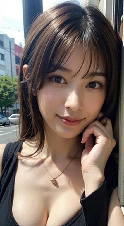 masterpiece、one beautiful woman、detailed face、detailed eye、fine skin、highest quality、Japanese、Shine bright light from the front、professional lighting、always look straight ahead、the background is a little blurry、24-years-old、in the background, There are man...