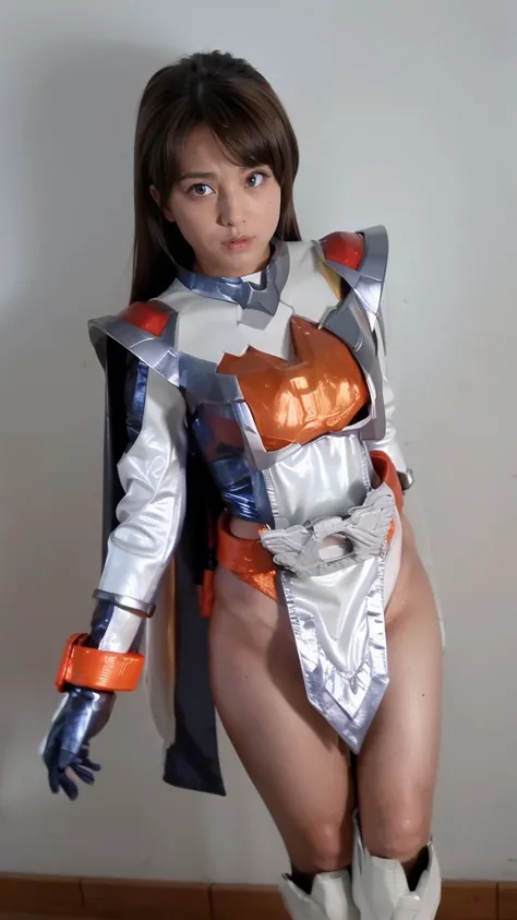 A woman wearing a Power Girl style Kamen Rider Majed costume、26 years old、Beautiful bare legs、brown hair、Outside honey medium bob hair、High resolution、8K、dull smile、erotic、beautiful feet、White Micro Bikini Armor、shoulder metal armor、blue metal boots、red cl...