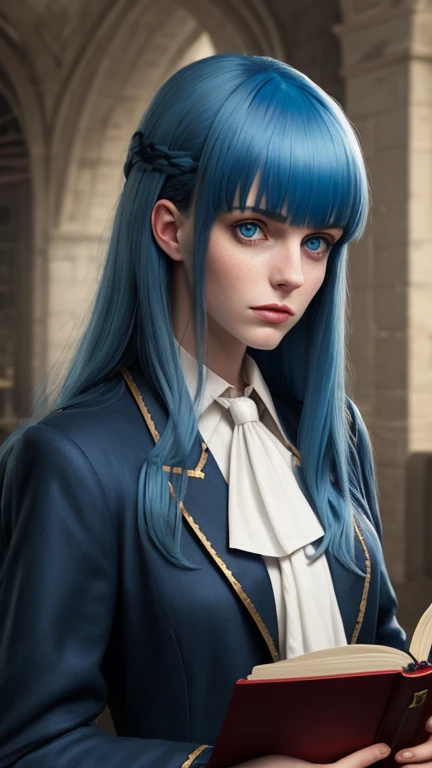 arcane style,1girl, solo, long hair, bangs, letterboxed, book, closed mouth, blue eyes, ascot, holding, jacket, shiny hair, blue hair, upper body, looking at viewer, holding book, shiny, indoors, white ascot, brooch,asymmetrical bangs, ((masterpiece))