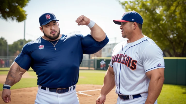 (cap:1.2), (baseball uniform:1.2), (at playground:1.4), Japanese man, Chinese man, Korean man, Taiwanese man, manly face, fat face, (round face:1.4), (monolid eyes:1.2), (buzz cut:1.4), very large and strong body, bulky body, beefy muscles, (bulging muscle...