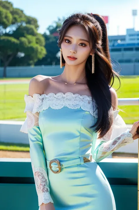 Tzuyu 1, woman, (realistic), (hyper realism), (photorealistic), Depth of the bounds written, eye make up:0.9, (whole body:1.2), (tight waist), looking at the viewer,at the racing track, lace queen, Sexy dress with open shoulders and chest