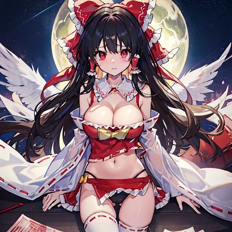 table top, small details, 4k, 8K, 12k, alone, alone, beautiful girl, white woman, Borei Reimu, black haired, red eyes, tears、 big breasts, cleavage,worn out、torn clothes、shredded clothing、I can see your bare skin、put your hand in your crotch、tattered cloth...