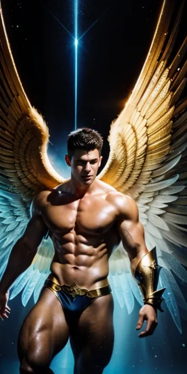 Ultra high resolution, best quality, photograph, 4k, (photographrealistic: 1.4), movie light, The male angel has large translucent wings., A shirtless, muscular man., Abdominal muscles wearing medieval gold armor, Fine fur, feThe male angel has large trans...