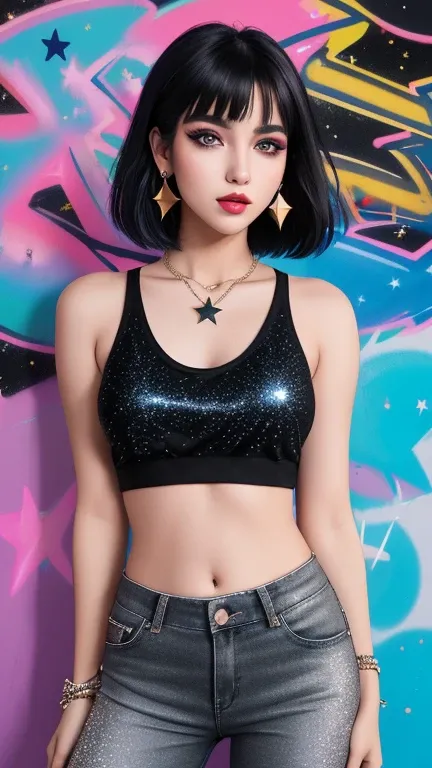 Beautiful photo of a teenage girl with very short, straight hair and makeup with glitter eyeshadow. Glitter lips, lots of earrings, crescent star earrings. Black tank top with graffiti large letter graffiti English letters, pants, casual days, summer women...