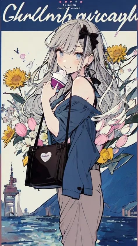 (masterpiece:1.2), highest quality,pixiv,sweet girl , 1 girl, flower, cup, have, bob hair, gray hair, bag, high heels, food, jewelry, earrings, looking at the viewer, smile, holding, long hair, inner color、alone, fruits, pants style， flower柄のshirt、handbag,...