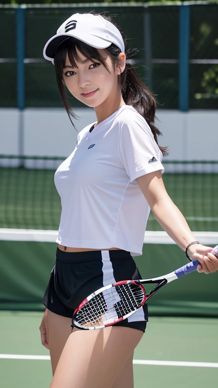 1 girl, blue eyes, shoulder length black hair, bangs, ponytail, beautiful, beautiful woman, perfect body, perfect breasts (protruding), wearing a tight tennis t-shirt, wearing a tennis hat, full body view, white tennis shoes, on the tennis court, holding a...