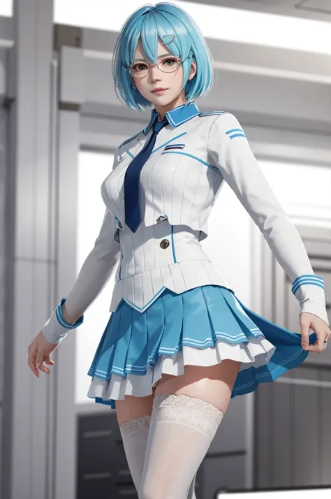 nico, glasses, white clothes, blue skirt, white stockings, research room, beautiful