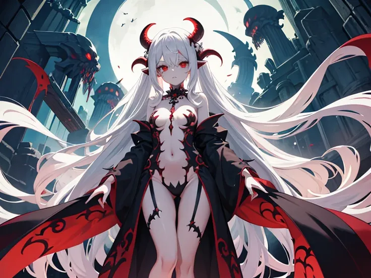 Monster girl with Bone tentacles, She has shiny red eyes with white hair, She has tiny breasts, Small breasts, Flat bust, She is wearing demonic costume, Glowing robe, Blood is dripping from her eyes, Bleeding scars, White bone tentacles