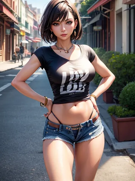 photorealistic, high resolution, 1women, mature female, solo, hips up, jewelry, street wear, t-shirt, shorts, camel toe, fit clothes,