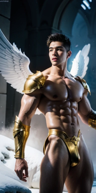 Ultra high resolution, best quality, photograph, 4k, (photographrealistic: 1.4), movie light, The male angel has large translucent wings., A shirtless, muscular man., Abdominal muscles wearing medieval gold armor, Fine fur, feThe male angel has large trans...