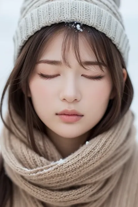 one girl, (a beauty girl, delicate girl:1.3), (18-year-old:1.3),photograph、
break, software, ((close your eyes:1.8))(scarf, knit hat:1.3),
break, (symmetrical eyes:1.3),
break, (snow scene:1.3),((pout:1.3))
break, small breasts, brown eyes, parted bangs, b...