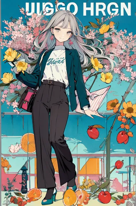 (masterpiece:1.2), highest quality,pixiv,sweet girl , 1 girl, flower, cup, have, bob hair, gray hair, bag, high heels, food, jewelry, earrings, looking at the viewer, smile, holding, long hair, inner color、alone, fruits, pants style， flower柄のshirt、handbag,...