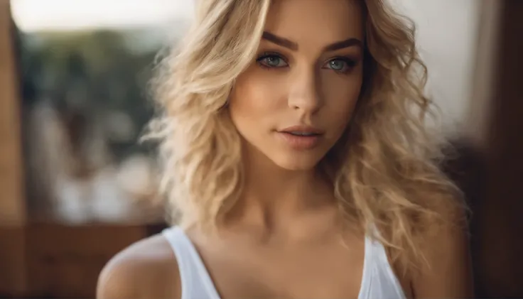 oman with matching tank top and panties, fille sexy aux yeux bleus, Portrait Sophie Mudd, Portrait de Corinna Kopf, cheveux blonds et grands yeux, selfie of a young woman, ohne Maquillage, maquillage naturel, Look directly into the camera, Visage avec Artg...