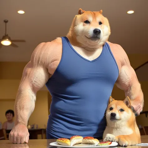 professional photos [(((buffswoldage))):buffswoldage:8], Tank top、白いTank top、grin, dog&#39;s body, eat a big hamburger at a restaurant, dramatic light like a movie, smooth transition, Bokeh