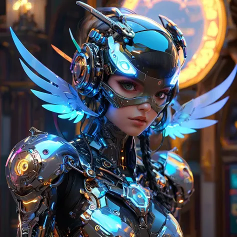 (best quality, 8K, Une haute résolution, chef-d&#39;artwork:1.2), （Ultra-detailed), (tortue anthropomorphe)，(Futuristic Mechanical Bald Eagle Cybertron), （Ange de bataille Lolita），corps entieresbienne, lueur de rêve，Luminous neon lights，High-tech mechanica...