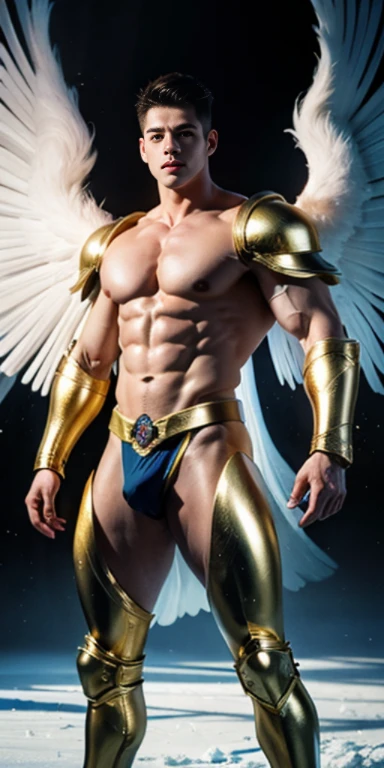 Ultra high resolution, best quality, photograph, 4k, (photographrealistic: 1.4), movie light, The male angel has large translucent wings., A shirtless, muscular man., Abdominal muscles wearing medieval gold armor, Fine fur, feThe male angel has large trans...